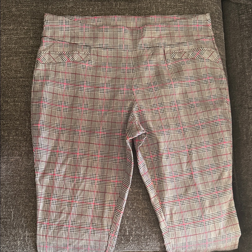 Plaid Stretch Ankle Pants in black grey white Tones with Red Accent